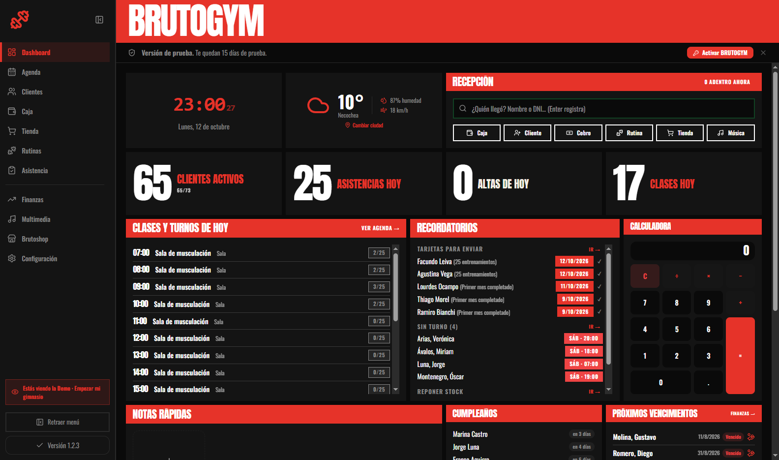 El dashboard de BRUTOGYM con la piel Brutal: negro y rojo, tipografía condensada